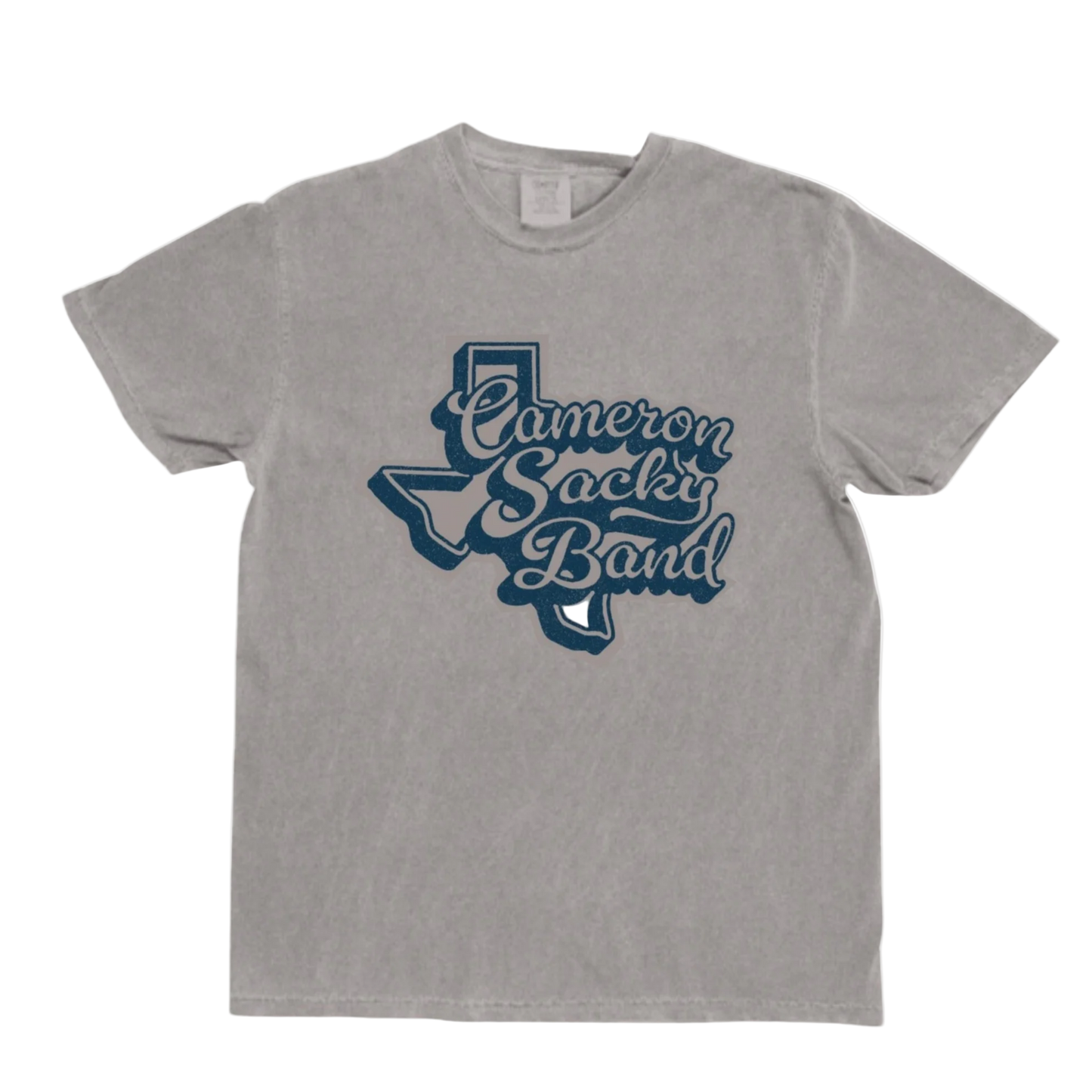 Gray t-shirt with blue 'Cameron Sacky Band' Texas design