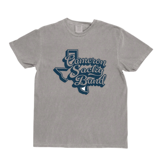 Gray t-shirt with blue 'Cameron Sacky Band' Texas design 
